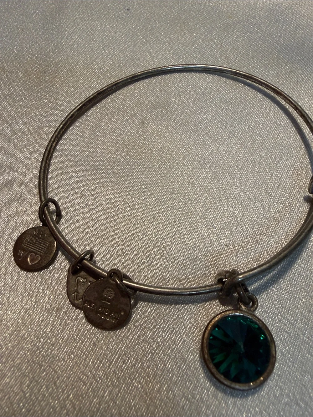 Alex and Ani Silver-Tone Bangle with Teal Crystal Charm